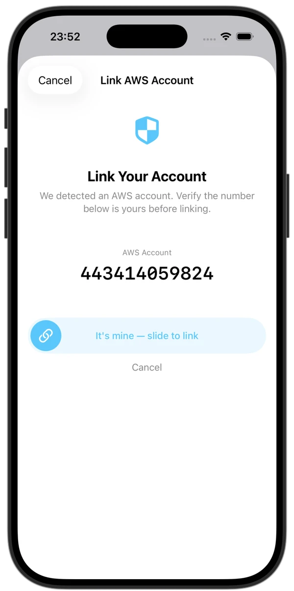 CostPulse account confirmation screen with slide-to-link button