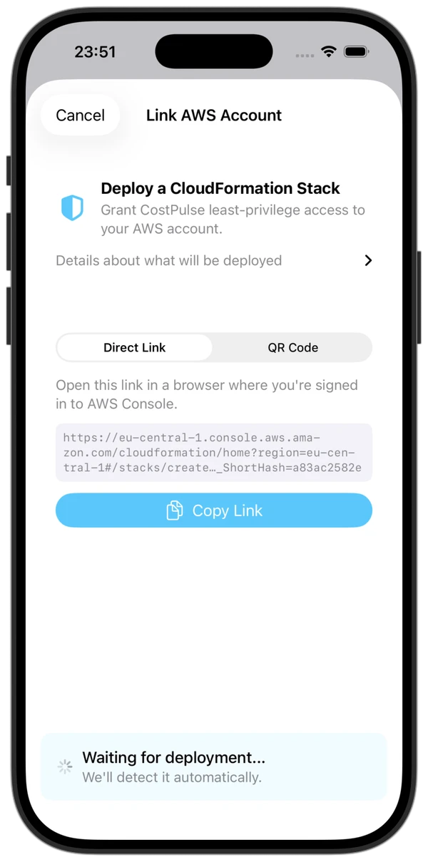 CostPulse setup screen with a one-tap CloudFormation deployment link
